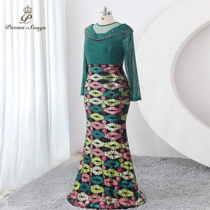 Elegant Sequins Mermaid long sleeve Evening dress Plus Size green party dresses woman Gown Maxi dress