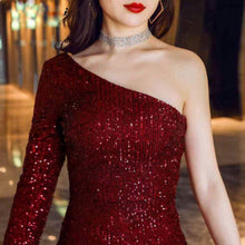 Load image into Gallery viewer, One Shoulder Evening Party Dress Long Sleeve Sequin Dresses Women Floor-Lenght Retro Bodycon Dress Side Slit Ball Gowns Vestidos