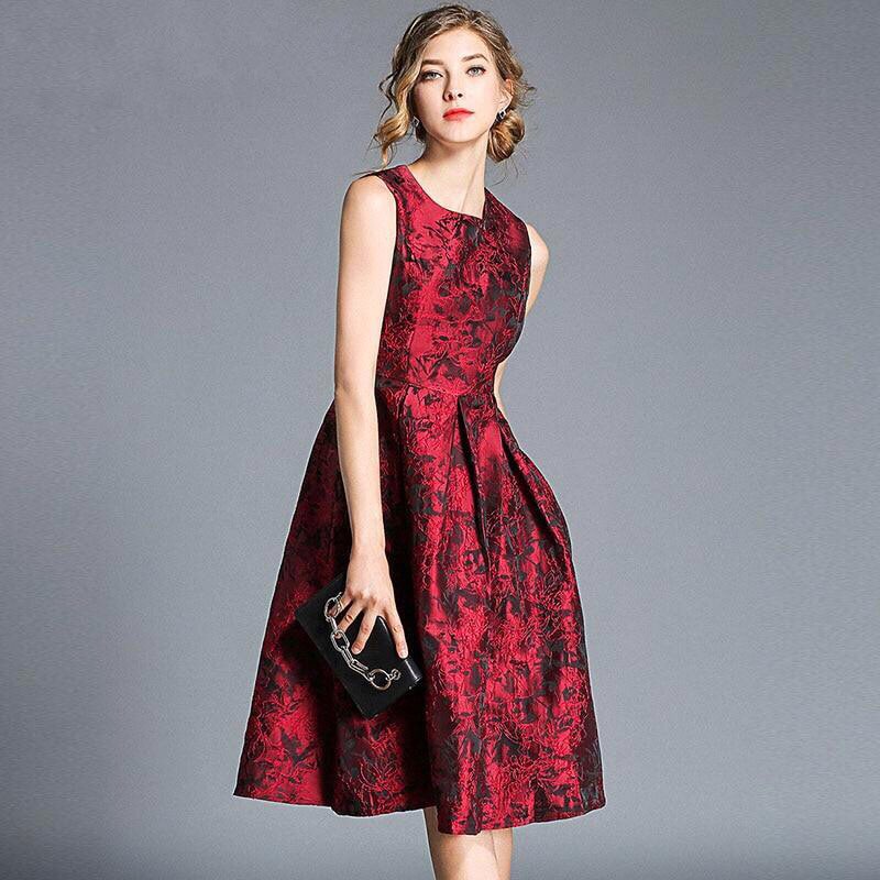 Bonnie Thea women Autumn Print Jacquard Sleeveless dress 2020 O-Neck  Knee-Length Ball Gown Tank dress evening party dress 3XL