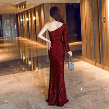 Load image into Gallery viewer, One Shoulder Evening Party Dress Long Sleeve Sequin Dresses Women Floor-Lenght Retro Bodycon Dress Side Slit Ball Gowns Vestidos