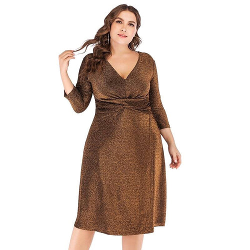 Sequined Party Dresses For Evening 2020 Women V Neck Three Quarter Sleeve High Waist Midi Dress 5XL 6XL Plus Size Women Clothing