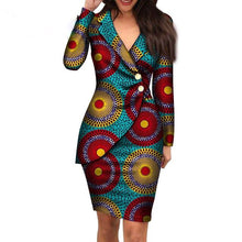 Load image into Gallery viewer, Autumn African Dresses for Women Fashion Office Style V-neck Long Sleeve Midi Dress Bazin Riche African Print Clothing WY4052