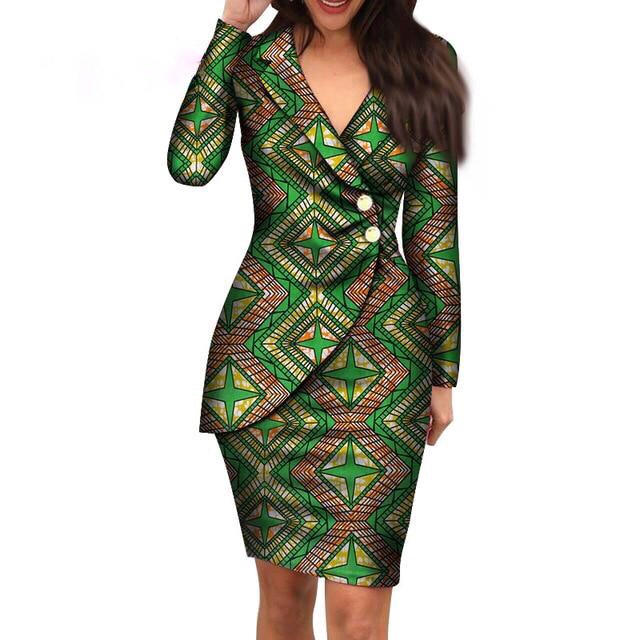 Autumn African Dresses for Women Fashion Office Style V-neck Long Sleeve Midi Dress Bazin Riche African Print Clothing WY4052