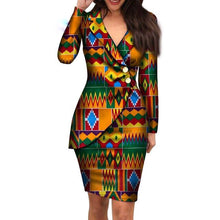 Load image into Gallery viewer, Autumn African Dresses for Women Fashion Office Style V-neck Long Sleeve Midi Dress Bazin Riche African Print Clothing WY4052