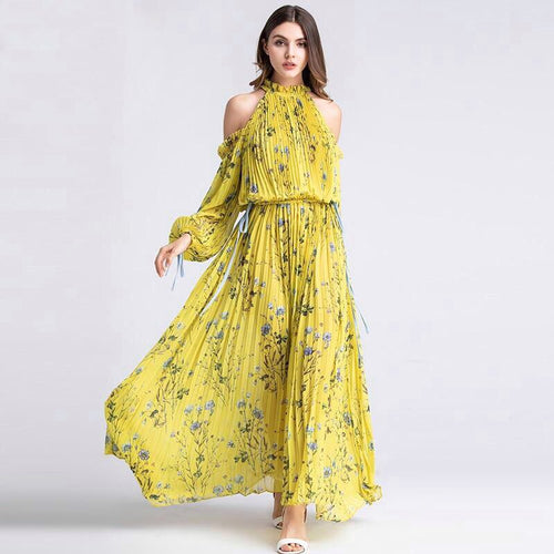 Long Dress Elegant Pleated 2019 Summer Spring Fashion Design Elastic Waist Long Sleeve