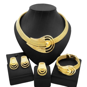 Woman Necklace Jewelry Set Italian Gold Plated Delicate Pendant Banquet Party Accessories Earrings Bracelet Ring SYHOL