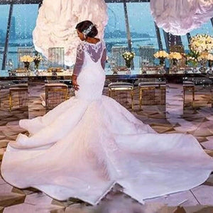 Dubai African Sweetheart Mermaid Bridal Gown Long Sleeves Tulle Lace Appliques Crystals Beaded Pleated Wedding Dress 2021