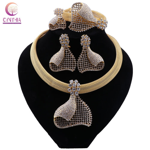 CYNTHIA Luxury Nigerian Dubai Jewelry Sets For Women Wedding Bridal Gold Color Necklace Earrings Bracelet Ring Sets