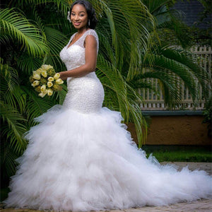 New Arrival Africa Design Amazing Full Beading Mermaid Wedding Dress 2022 Stunning Ruffles Tiered Wedding Gowns