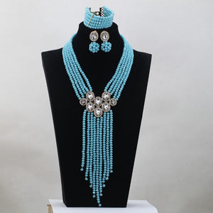 Trendy Blue Crystal Jewelry Sets Long Design Women Beads Necklace African Wedding Bridal Jewelry Sets Free Shipping ABH163