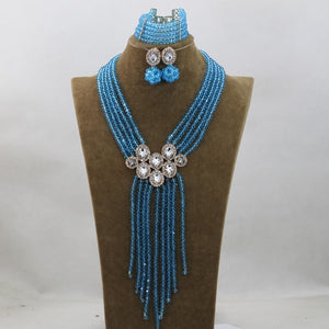 Trendy Blue Crystal Jewelry Sets Long Design Women Beads Necklace African Wedding Bridal Jewelry Sets Free Shipping ABH163