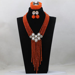 Trendy Blue Crystal Jewelry Sets Long Design Women Beads Necklace African Wedding Bridal Jewelry Sets Free Shipping ABH163