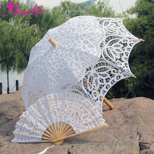 Handmade Vintage Party Decoration Wedding Bridal Lace Parasol and Fan Set Wedding Umbrella Fan