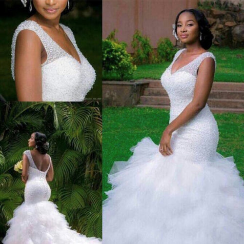 New Arrival Africa Design Amazing Full Beading Mermaid Wedding Dress 2022 Stunning Ruffles Tiered Wedding Gowns