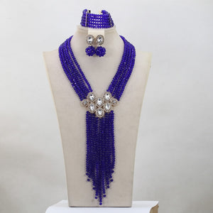 Trendy Blue Crystal Jewelry Sets Long Design Women Beads Necklace African Wedding Bridal Jewelry Sets Free Shipping ABH163