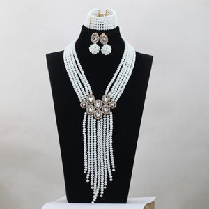 Trendy Blue Crystal Jewelry Sets Long Design Women Beads Necklace African Wedding Bridal Jewelry Sets Free Shipping ABH163