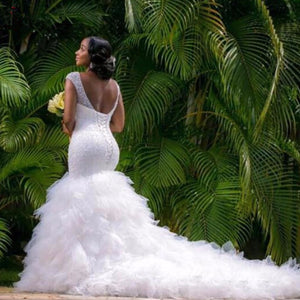 New Arrival Africa Design Amazing Full Beading Mermaid Wedding Dress 2022 Stunning Ruffles Tiered Wedding Gowns