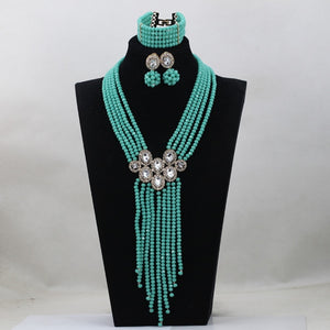 Trendy Blue Crystal Jewelry Sets Long Design Women Beads Necklace African Wedding Bridal Jewelry Sets Free Shipping ABH163