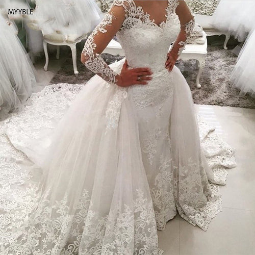 MYYBLE 2022 Luxury Lace Long Sleeve Mermaid Wedding Dress with Detachable Skirt Backless Court Train Saudi Arabia Bridal Wedding