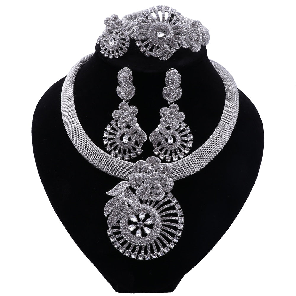 CYNTHIA Women Silver Plated Necklace Women Jewelry Sets Crystal Earrings Ring Classic Wedding Flower Jewelry Set for Bride