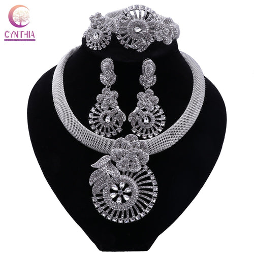 CYNTHIA Women Silver Plated Necklace Women Jewelry Sets Crystal Earrings Ring Classic Wedding Flower Jewelry Set for Bride