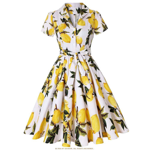 Plus Size Autumn Vintage Dresses Lemon Print Floral White Yellow