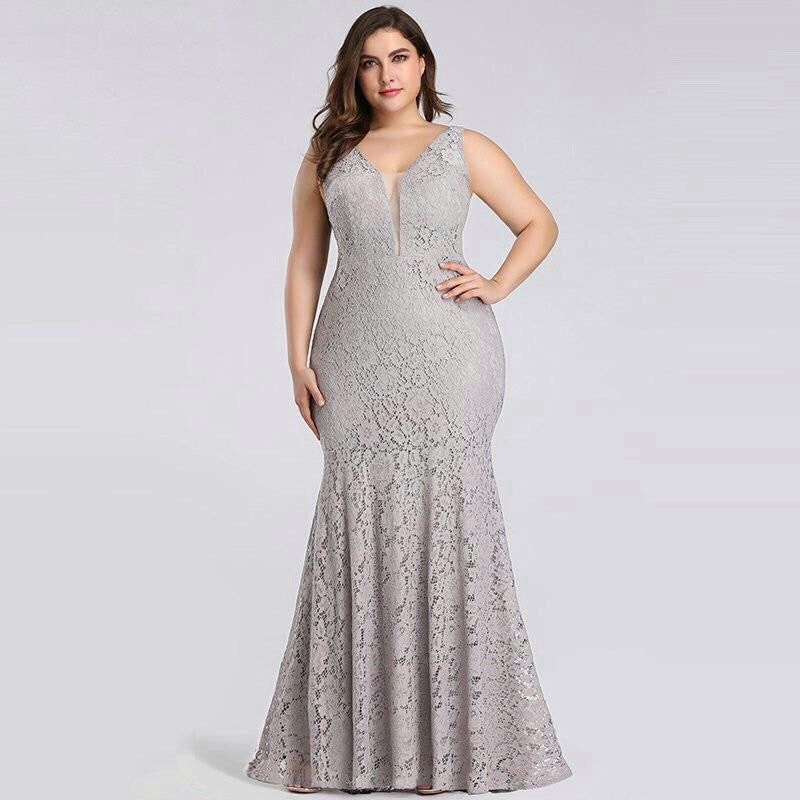 White Lace Dress Women Elegant Mermaid V Neck Sleeveless Long Formal Party Dress Evening Night Wear Plus Size Dress Robe Femme