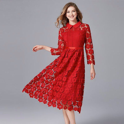 TAOYIZHUAI New Arrival Autumn High Street Two Colors Plus Size Floral Hollow Out Turn-Down 100% polyester Women Lace Dress 14234