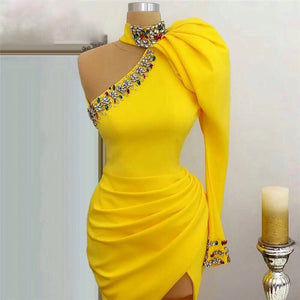 Yellow One Shoulder Dubai Evening Dresses Formal Mermaid Long Party Dress Arabic Custom Made Plus Size Crystals Prom Gowns 2020