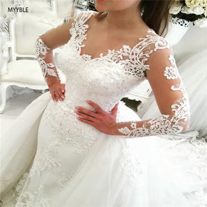 MYYBLE 2022 Luxury Lace Long Sleeve Mermaid Wedding Dress with Detachable Skirt Backless Court Train Saudi Arabia Bridal Wedding