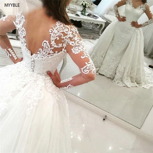 MYYBLE 2022 Luxury Lace Long Sleeve Mermaid Wedding Dress with Detachable Skirt Backless Court Train Saudi Arabia Bridal Wedding