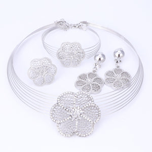 Vintage Rhinestone Flower Pendant Necklace Earrings Bracelet Ring Set Silver Plated African Bridal Wedding Costume Jewelry Sets