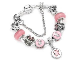 TOGORY Dropshipping Pink Lovely Kitty Cat Pendant Beads Charm Bracelet For Women Cartoon Mickey Pandora Bracelet Children Girls