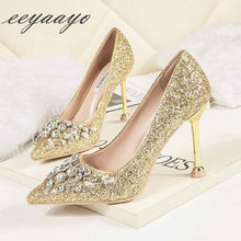 Load image into Gallery viewer, 2019 New Spring Women Pumps High Thin Heel Pointed Toe Sexy Ladies Bling Crystal Bridal Wedding Women Shoes Gold High Heels