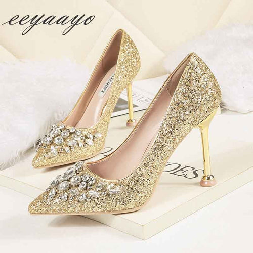 2019 New Spring Women Pumps High Thin Heel Pointed Toe Sexy Ladies Bling Crystal Bridal Wedding Women Shoes Gold High Heels