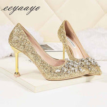 Load image into Gallery viewer, 2019 New Spring Women Pumps High Thin Heel Pointed Toe Sexy Ladies Bling Crystal Bridal Wedding Women Shoes Gold High Heels