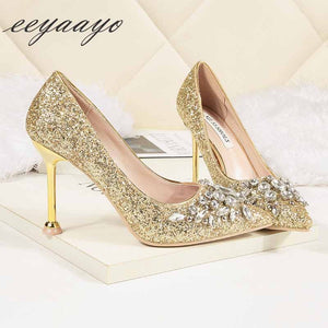 2019 New Spring Women Pumps High Thin Heel Pointed Toe Sexy Ladies Bling Crystal Bridal Wedding Women Shoes Gold High Heels