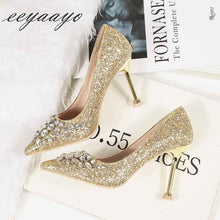 Load image into Gallery viewer, 2019 New Spring Women Pumps High Thin Heel Pointed Toe Sexy Ladies Bling Crystal Bridal Wedding Women Shoes Gold High Heels