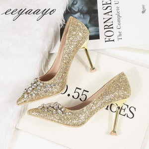 2019 New Spring Women Pumps High Thin Heel Pointed Toe Sexy Ladies Bling Crystal Bridal Wedding Women Shoes Gold High Heels