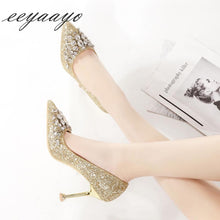 Load image into Gallery viewer, 2019 New Spring Women Pumps High Thin Heel Pointed Toe Sexy Ladies Bling Crystal Bridal Wedding Women Shoes Gold High Heels