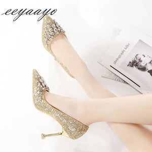 2019 New Spring Women Pumps High Thin Heel Pointed Toe Sexy Ladies Bling Crystal Bridal Wedding Women Shoes Gold High Heels