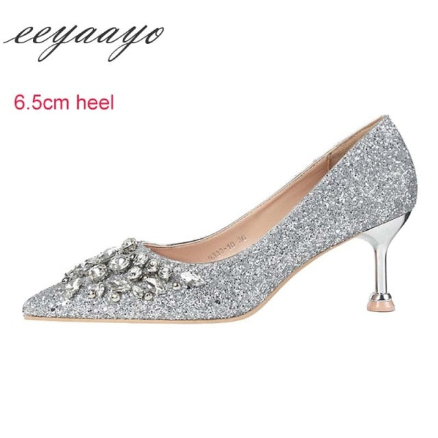 2019 New Spring Women Pumps High Thin Heel Pointed Toe Sexy Ladies Bling Crystal Bridal Wedding Women Shoes Gold High Heels