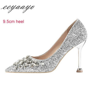 2019 New Spring Women Pumps High Thin Heel Pointed Toe Sexy Ladies Bling Crystal Bridal Wedding Women Shoes Gold High Heels