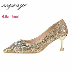 2019 New Spring Women Pumps High Thin Heel Pointed Toe Sexy Ladies Bling Crystal Bridal Wedding Women Shoes Gold High Heels