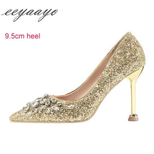 2019 New Spring Women Pumps High Thin Heel Pointed Toe Sexy Ladies Bling Crystal Bridal Wedding Women Shoes Gold High Heels