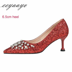 2019 New Spring Women Pumps High Thin Heel Pointed Toe Sexy Ladies Bling Crystal Bridal Wedding Women Shoes Gold High Heels