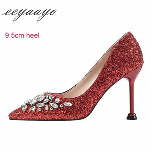 2019 New Spring Women Pumps High Thin Heel Pointed Toe Sexy Ladies Bling Crystal Bridal Wedding Women Shoes Gold High Heels