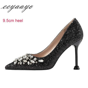 2019 New Spring Women Pumps High Thin Heel Pointed Toe Sexy Ladies Bling Crystal Bridal Wedding Women Shoes Gold High Heels