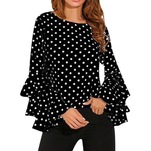 Women Blusas Polka Dot Print Flare Sleeve  Shirts O-neck Long Sleeve Chiffon Blouse