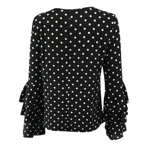 Women Blusas Polka Dot Print Flare Sleeve  Shirts O-neck Long Sleeve Chiffon Blouse